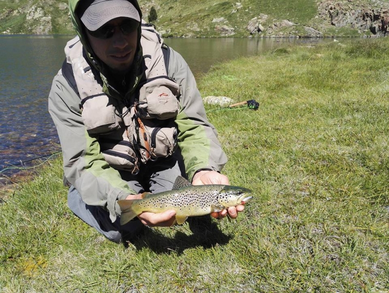 Pêche de la truite en lac de montagne à la mouche
