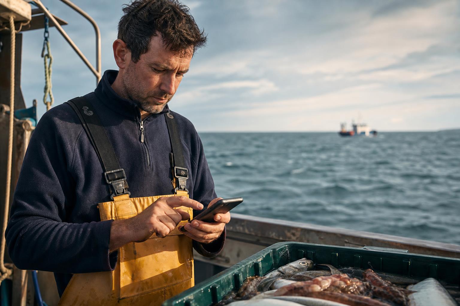 Pêcheur en mer consultant son smartphone pour déclarer ses prises sur RecFishing